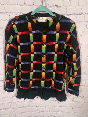 Jane's Closet Womens VTG Windowpane Sequin Cardigan Black Multi Sz M Rainbow